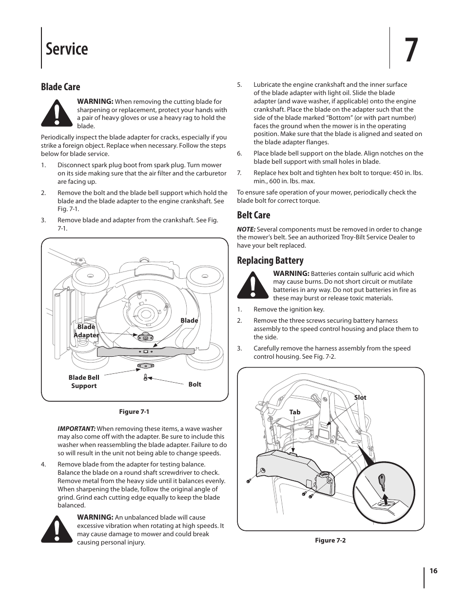 Service, Belt care, Replacing battery | Blade care | Troy-Bilt J830 User Manual | Page 16 / 48