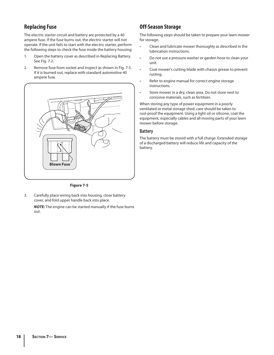 Replacing fuse, Off-season storage, Battery | Troy-Bilt J830 User Manual | Page 18 / 48