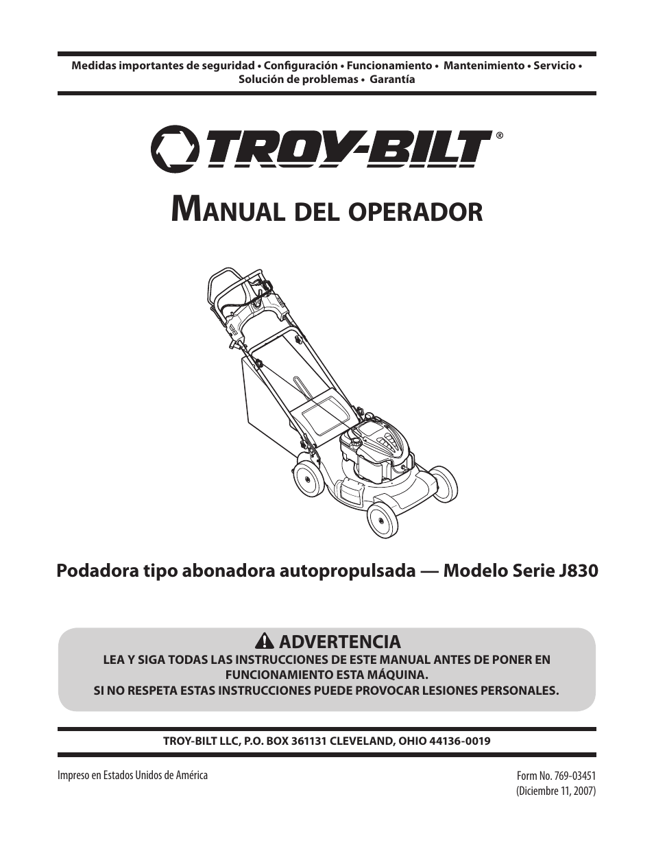 Anual, Operador | Troy-Bilt J830 User Manual | Page 27 / 48