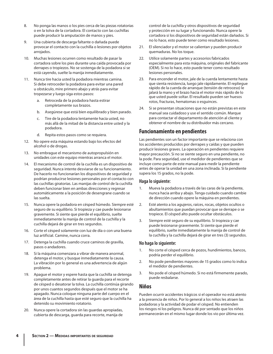 Funcionamiento en pendientes, Niños, Haga lo siguiente | No haga lo siguiente | Troy-Bilt J830 User Manual | Page 30 / 48