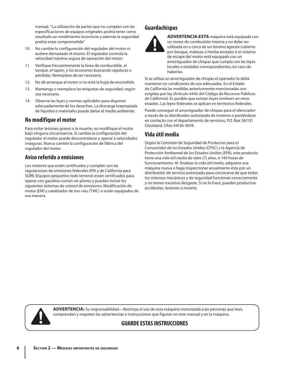 Guarde estas instrucciones, No modifique el motor, Aviso referido a emisiones | Guardachispas, Vida útil media | Troy-Bilt J830 User Manual | Page 32 / 48