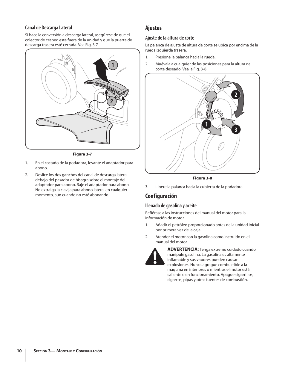 Ajustes, Configuración | Troy-Bilt J830 User Manual | Page 36 / 48