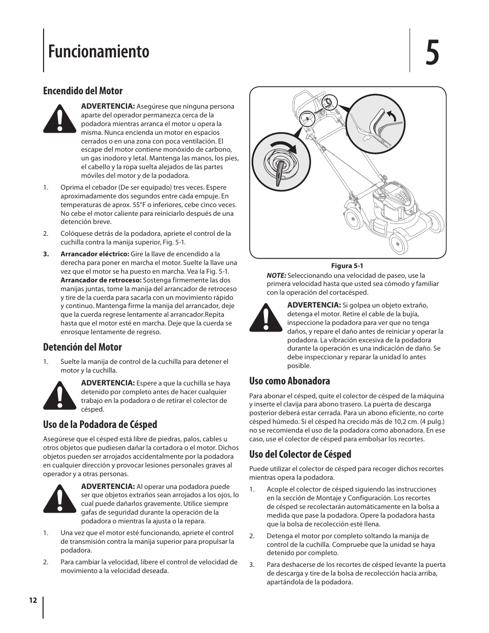 Funcionamiento, Encendido del motor, Detención del motor | Uso de la podadora de césped, Uso como abonadora, Uso del colector de césped | Troy-Bilt J830 User Manual | Page 38 / 48