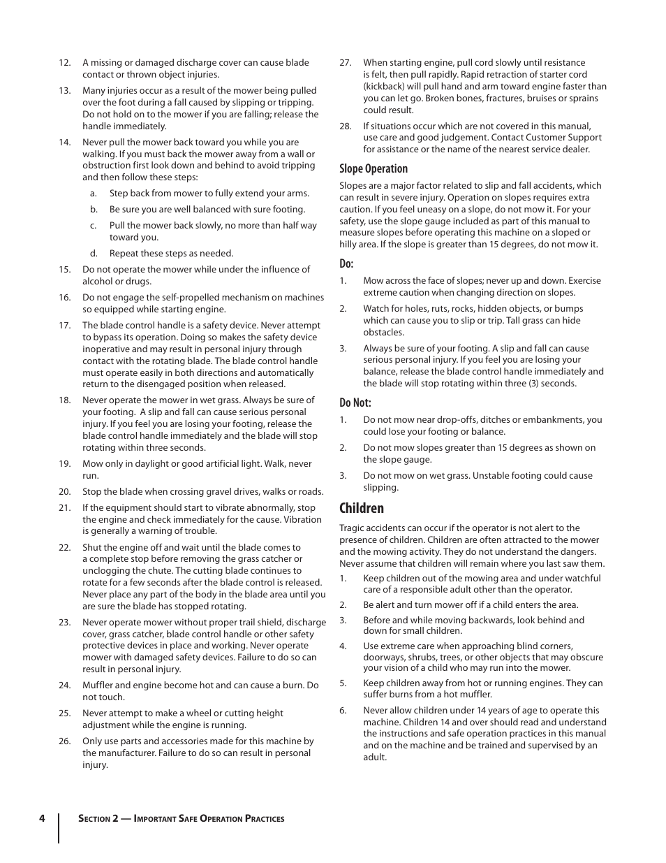 Children, Slope operation, Do not | Troy-Bilt J830 User Manual | Page 4 / 48