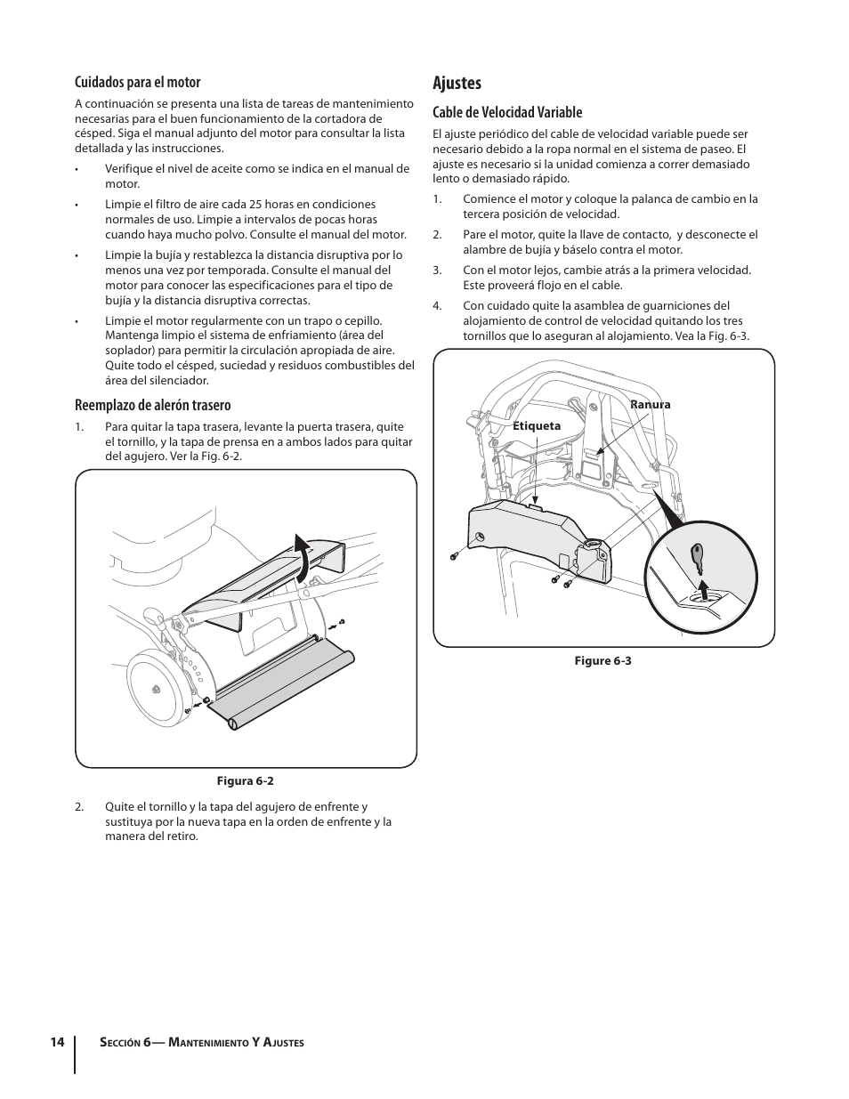 Ajustes, Cable de velocidad variable, Cuidados para el motor | Reemplazo de alerón trasero | Troy-Bilt J830 User Manual | Page 40 / 48