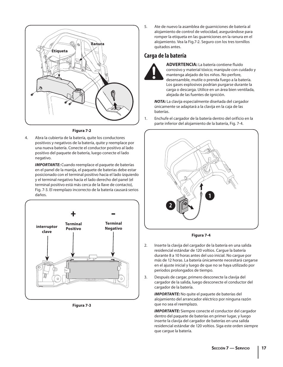 Carga de la batería | Troy-Bilt J830 User Manual | Page 43 / 48