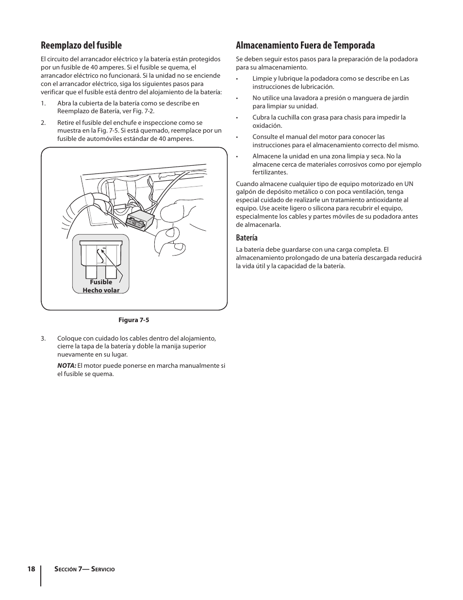 Reemplazo del fusible, Almacenamiento fuera de temporada, Batería | Troy-Bilt J830 User Manual | Page 44 / 48