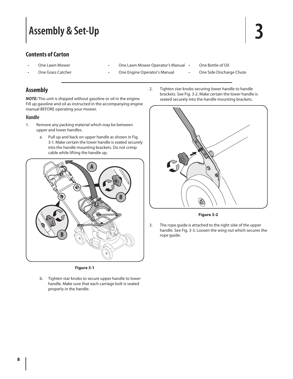 Assembly & set-up, Assembly, Contents of carton | Troy-Bilt J830 User Manual | Page 8 / 48