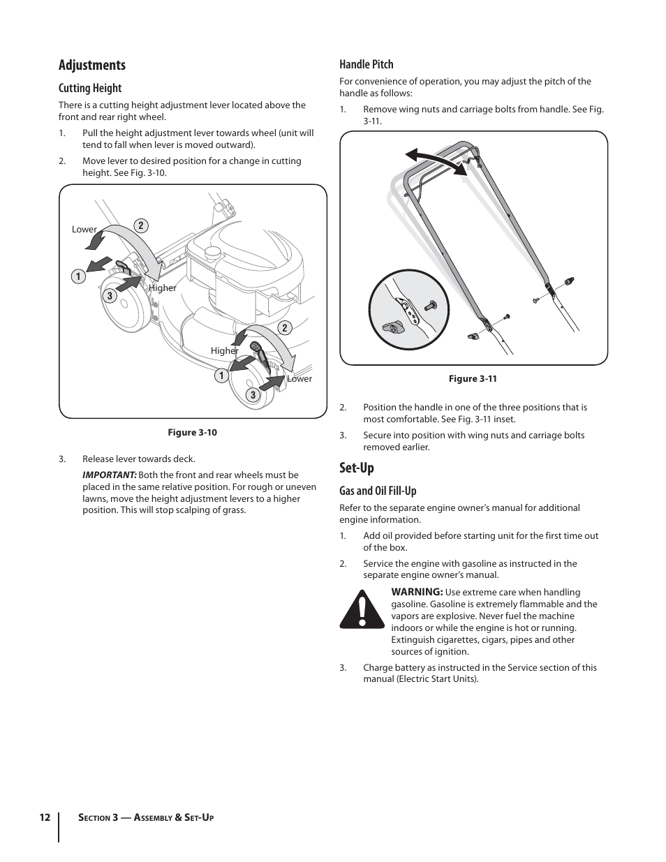 Set-up, Adjustments, Handle pitch | Gas and oil fill-up, Cutting height | Troy-Bilt TB210 User Manual | Page 12 / 48