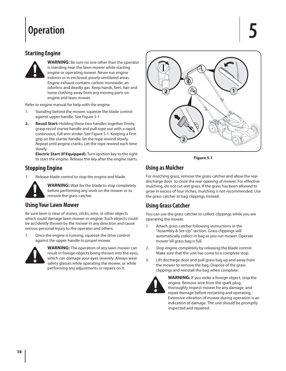 Operation, Starting engine, Stopping engine | Using your lawn mower, Using as mulcher, Using grass catcher | Troy-Bilt TB210 User Manual | Page 14 / 48