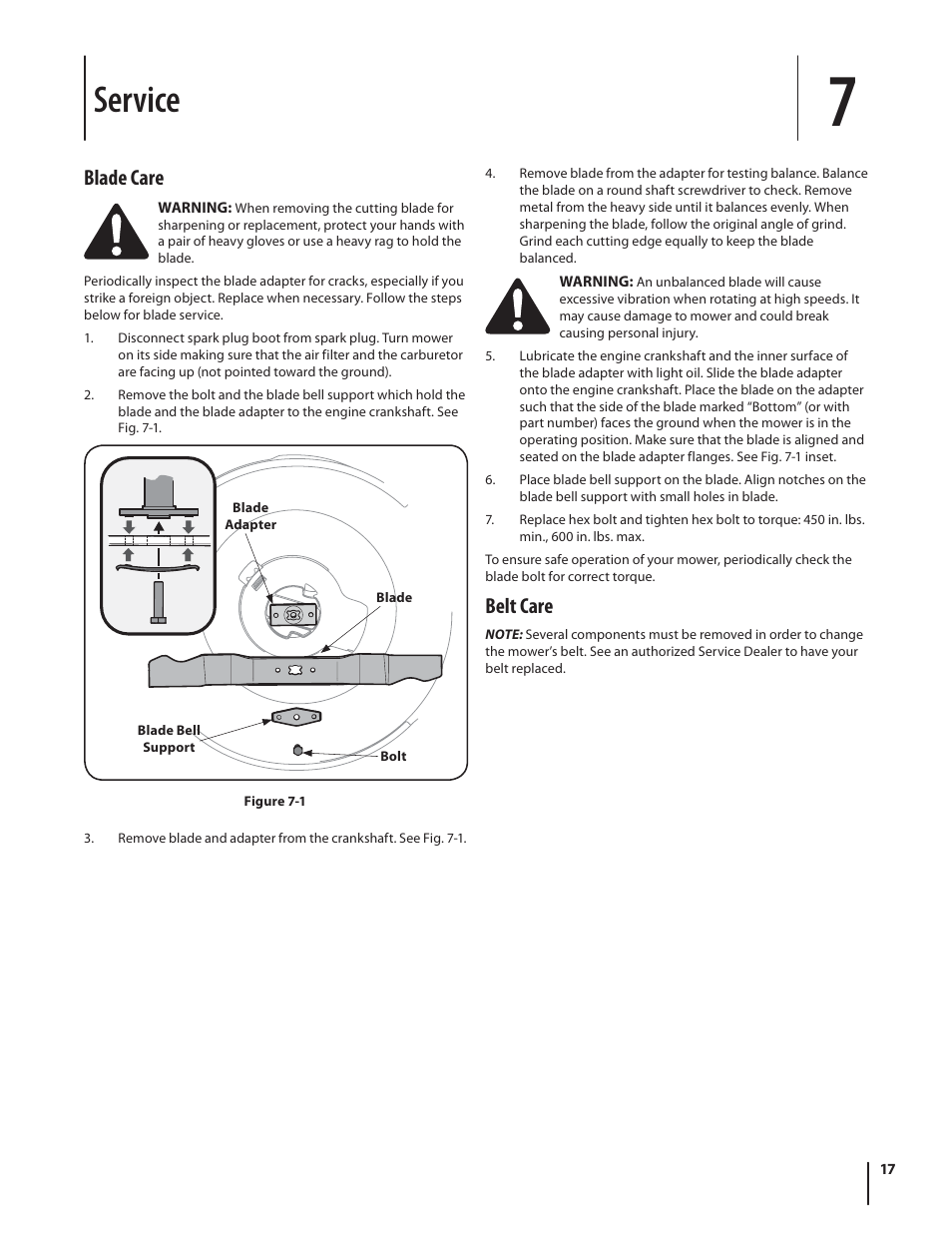 Service, Belt care, Blade care | Troy-Bilt TB210 User Manual | Page 17 / 48