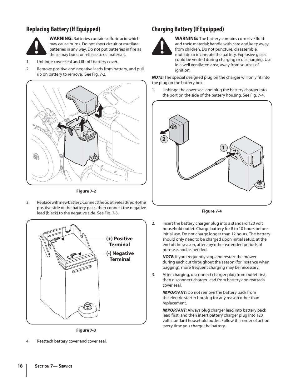 Charging battery (if equipped), Replacing battery (if equipped) | Troy-Bilt TB210 User Manual | Page 18 / 48