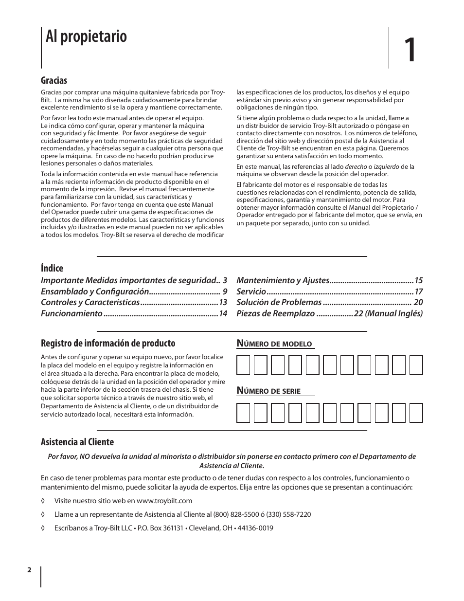 Al propietario, Asistencia al cliente, Gracias | Índice n, Registro de información de producto | Troy-Bilt TB210 User Manual | Page 26 / 48