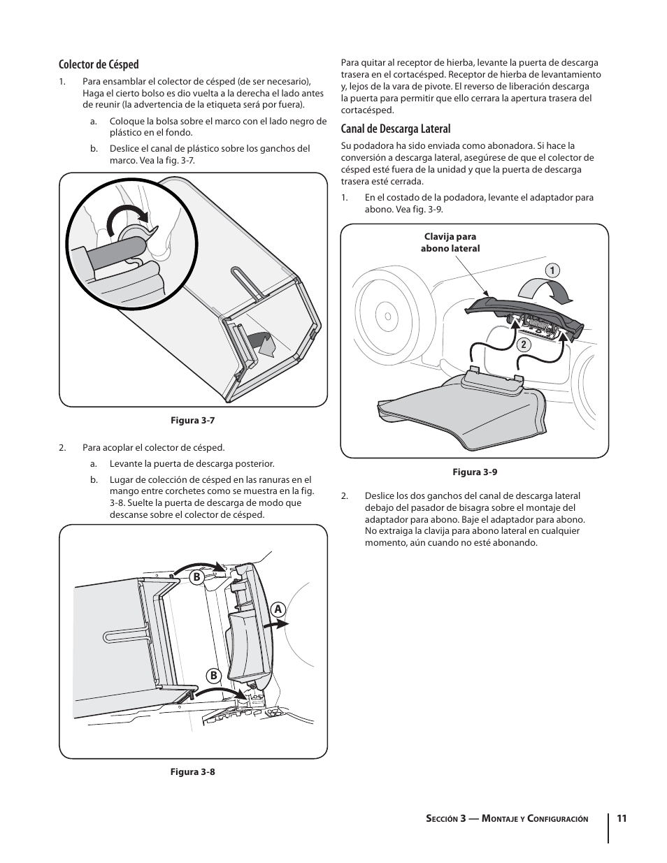 Canal de descarga lateral, Colector de césped | Troy-Bilt TB210 User Manual | Page 35 / 48