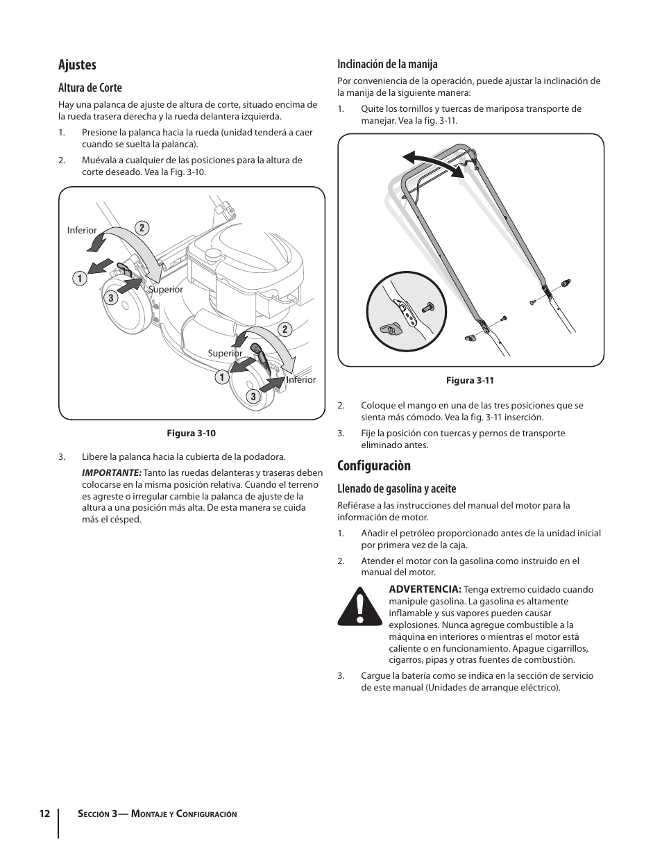 Ajustes, Configuraciòn, Altura de corte | Inclinación de la manija, Llenado de gasolina y aceite | Troy-Bilt TB210 User Manual | Page 36 / 48