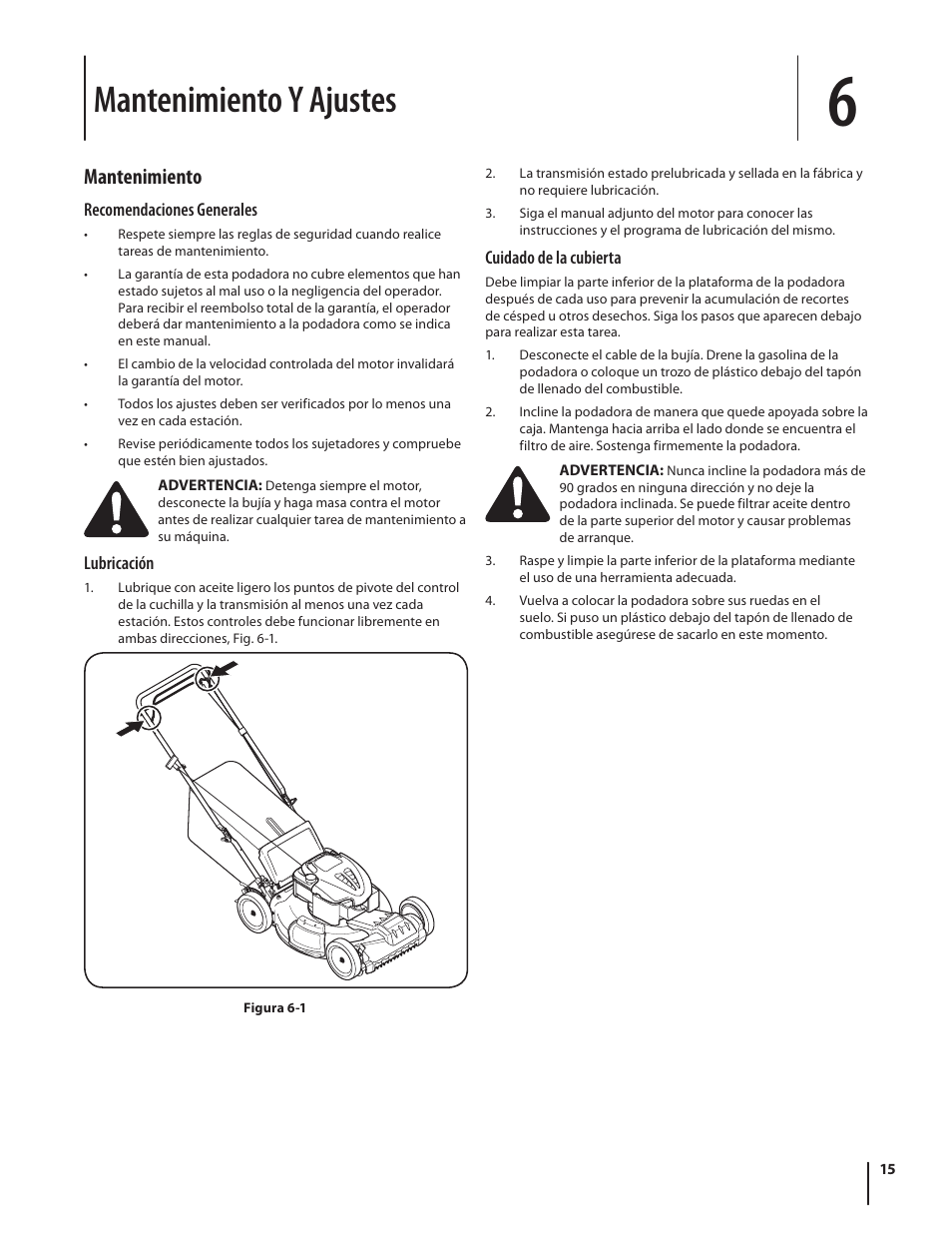 Mantenimiento y ajustes, Mantenimiento | Troy-Bilt TB210 User Manual | Page 39 / 48