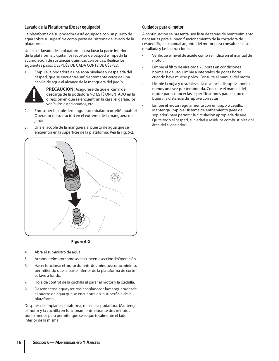 Cuidados para el motor, Lavado de la plataforma (de ser equipado) | Troy-Bilt TB210 User Manual | Page 40 / 48