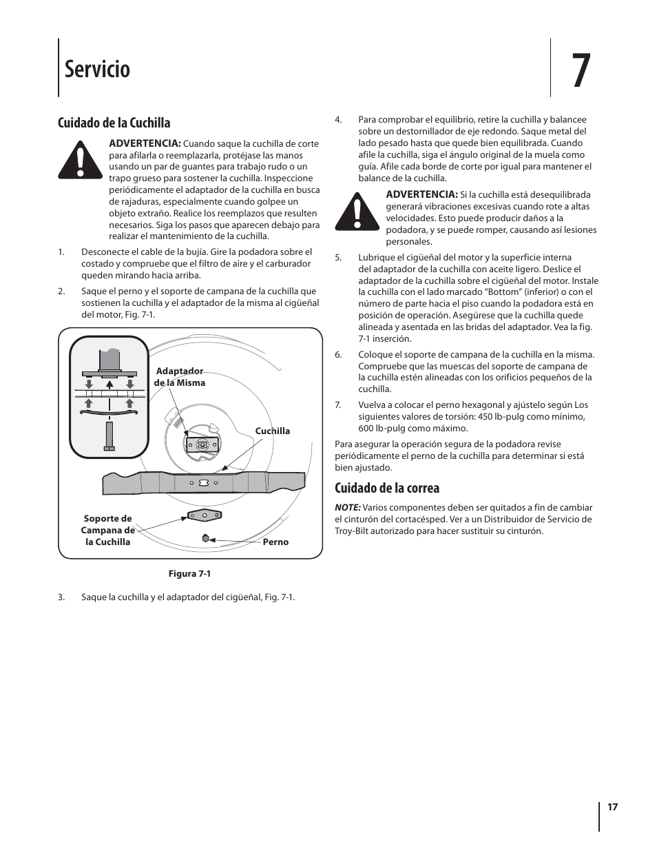 Servicio, Cuidado de la correa, Cuidado de la cuchilla | Troy-Bilt TB210 User Manual | Page 41 / 48