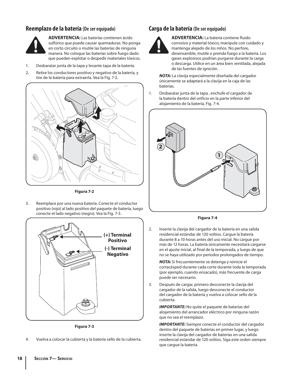 Carga de la batería, Reemplazo de la batería | Troy-Bilt TB210 User Manual | Page 42 / 48