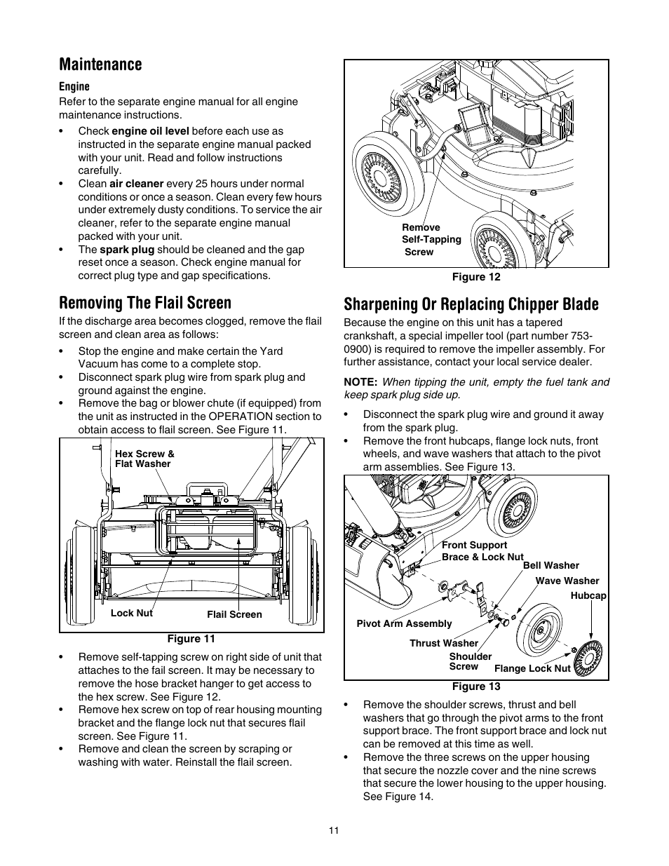 Figure 11, Figure 12, Figure 13 | Maintenance, Removing the flail screen, Sharpening or replacing chipper blade | Troy-Bilt 24B-060F766 User Manual | Page 11 / 14