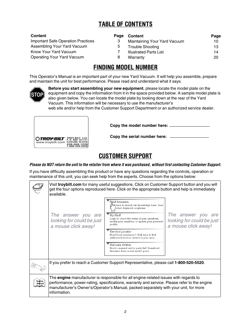Table of contents finding model number, Customer support | Troy-Bilt 24B-060F766 User Manual | Page 2 / 14