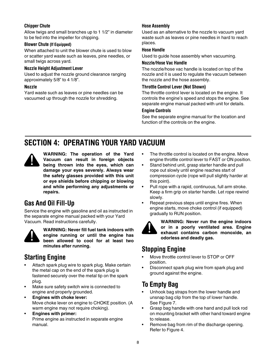 Gas and oil fill-up, Starting engine, Stopping engine | Troy-Bilt 24B-060F766 User Manual | Page 8 / 14