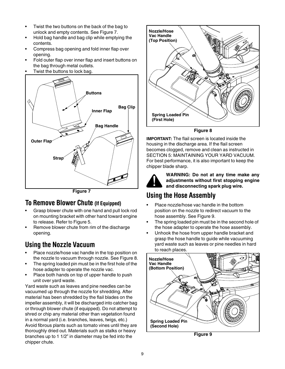 Figure 7, Figure 8, Figure 9 | Using the nozzle vacuum, Using the hose assembly | Troy-Bilt 24B-060F766 User Manual | Page 9 / 14