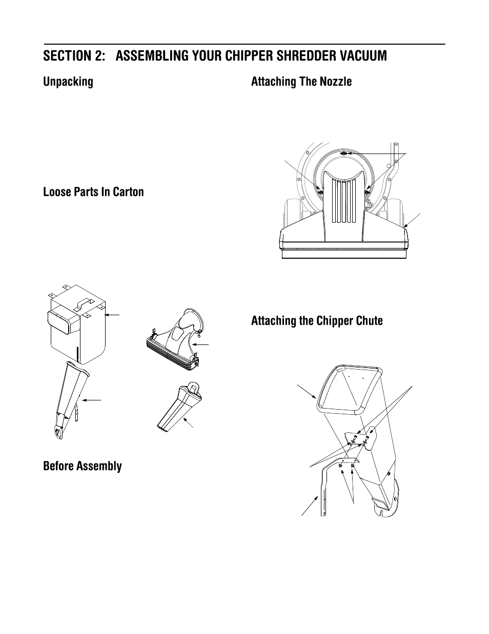 Unpacking, Loose parts in carton, Before assembly | Attaching the nozzle, Attaching the chipper chute | Troy-Bilt 204 User Manual | Page 5 / 20