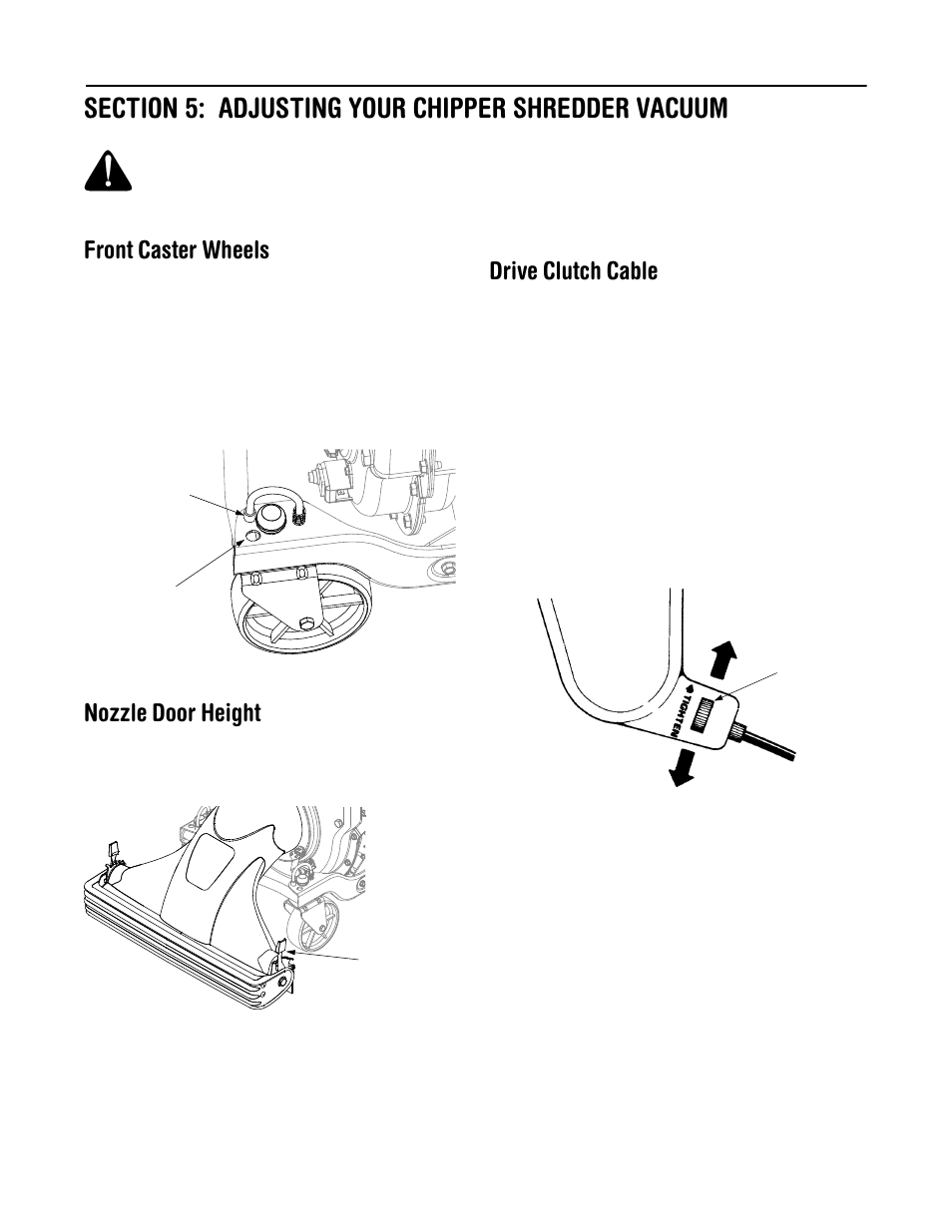 Front caster wheels, Nozzle door height, Drive clutch cable | Troy-Bilt 204 User Manual | Page 9 / 20