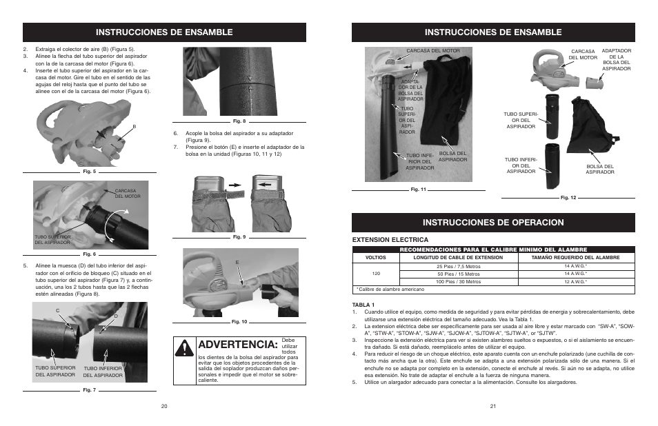 Advertencia, Instrucciones de ensamble, Instrucciones de operacion | Extension electrica | Troy-Bilt TB120BV User Manual | Page 11 / 14