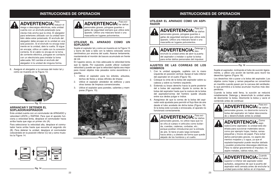 Advertencia, Instrucciones de operacion | Troy-Bilt TB120BV User Manual | Page 12 / 14