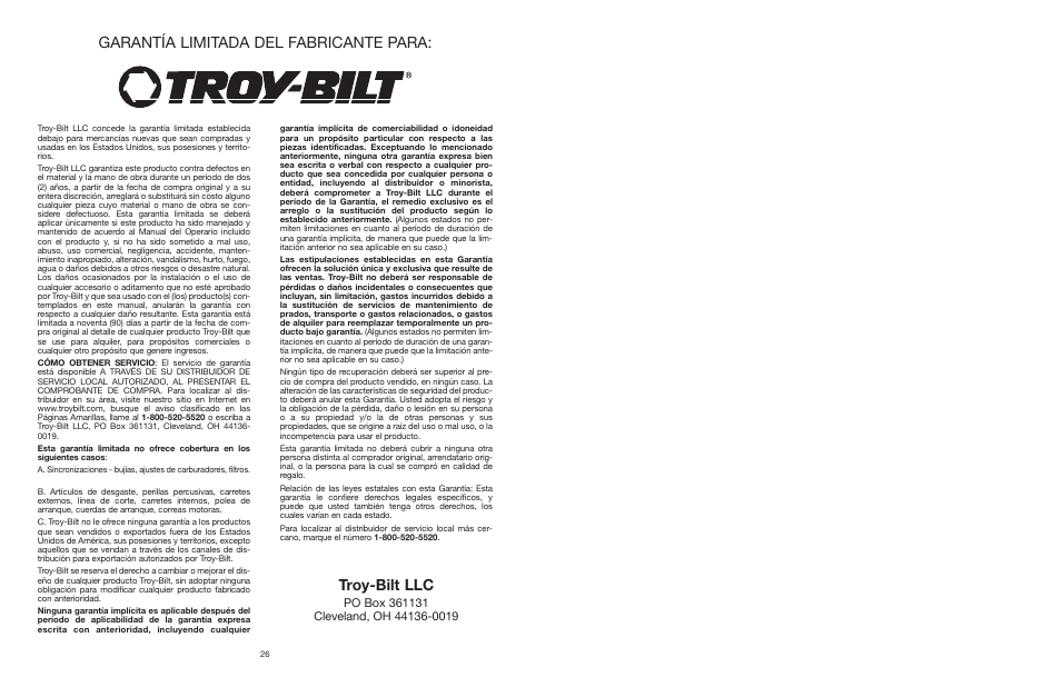 Garantía limitada del fabricante para, Troy-bilt llc | Troy-Bilt TB120BV User Manual | Page 14 / 14