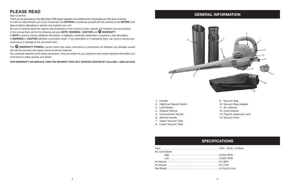Please read, General information specifications | Troy-Bilt TB120BV User Manual | Page 2 / 14