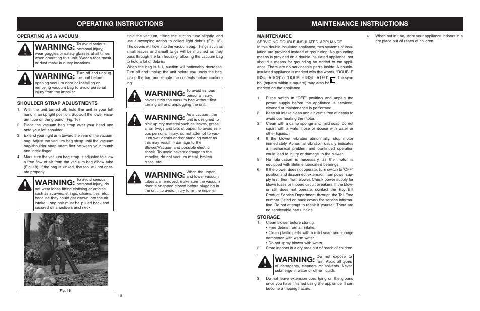 Warning, Operating instructions, Maintenance instructions | Troy-Bilt TB120BV User Manual | Page 6 / 14