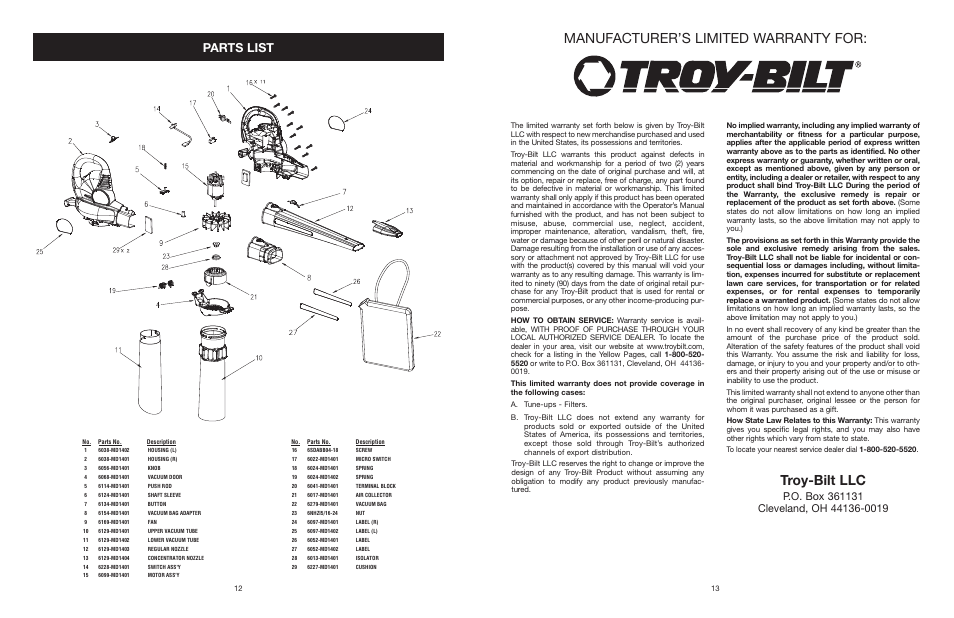 Manufacturer’s limited warranty for, Troy-bilt llc, Parts list | Troy-Bilt TB120BV User Manual | Page 7 / 14