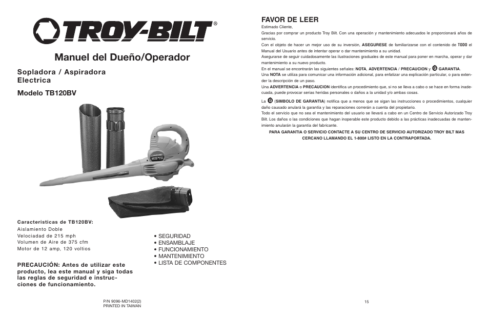 Manuel del dueño/operador, Sopladora / aspiradora electrica modelo tb120bv, Favor de leer | Troy-Bilt TB120BV User Manual | Page 8 / 14