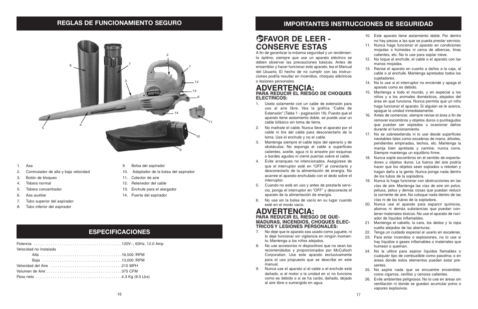 Favor de leer - conserve estas, Advertencia, Reglas de funcionamiento seguro especificaciones | Importantes instrucciones de seguridad | Troy-Bilt TB120BV User Manual | Page 9 / 14