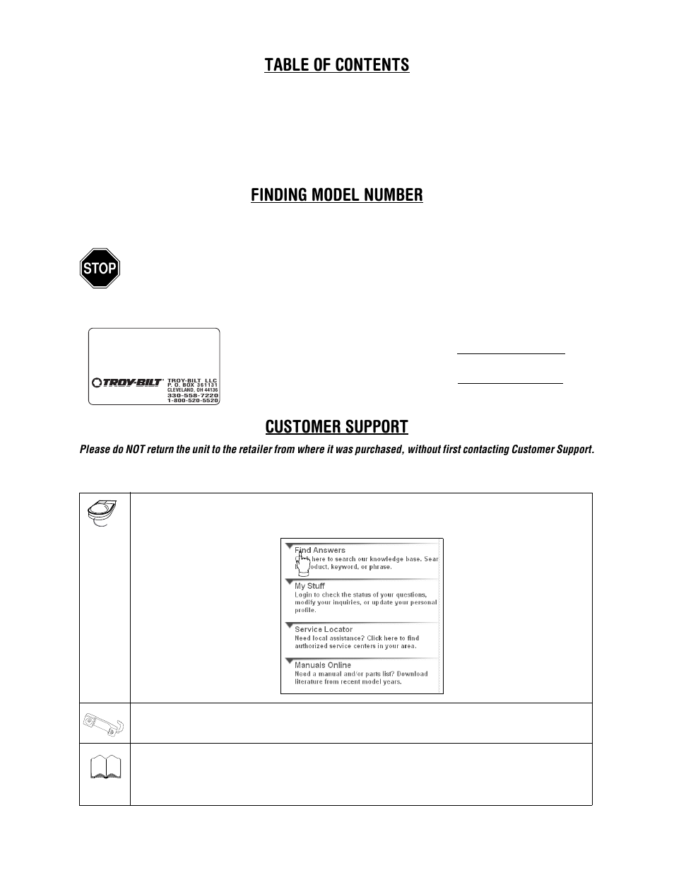 Table of contents finding model number, Customer support | Troy-Bilt 258 User Manual | Page 2 / 13