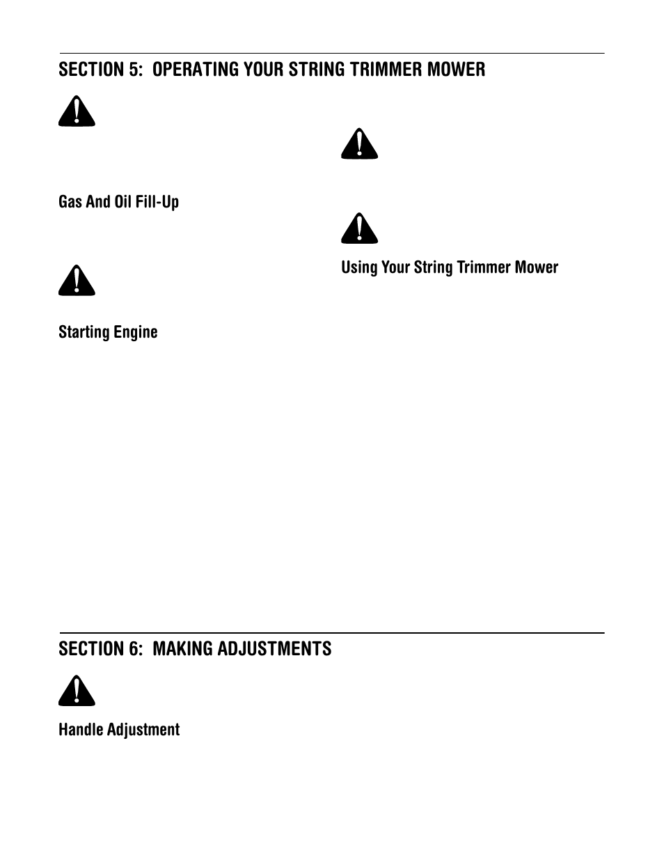 Gas and oil fill-up, Starting engine, Using your string trimmer mower | Handle adjustment | Troy-Bilt 258 User Manual | Page 9 / 13