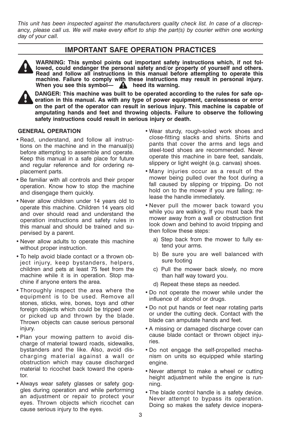 Important safe operation practices | Troy-Bilt T-106 User Manual | Page 3 / 14