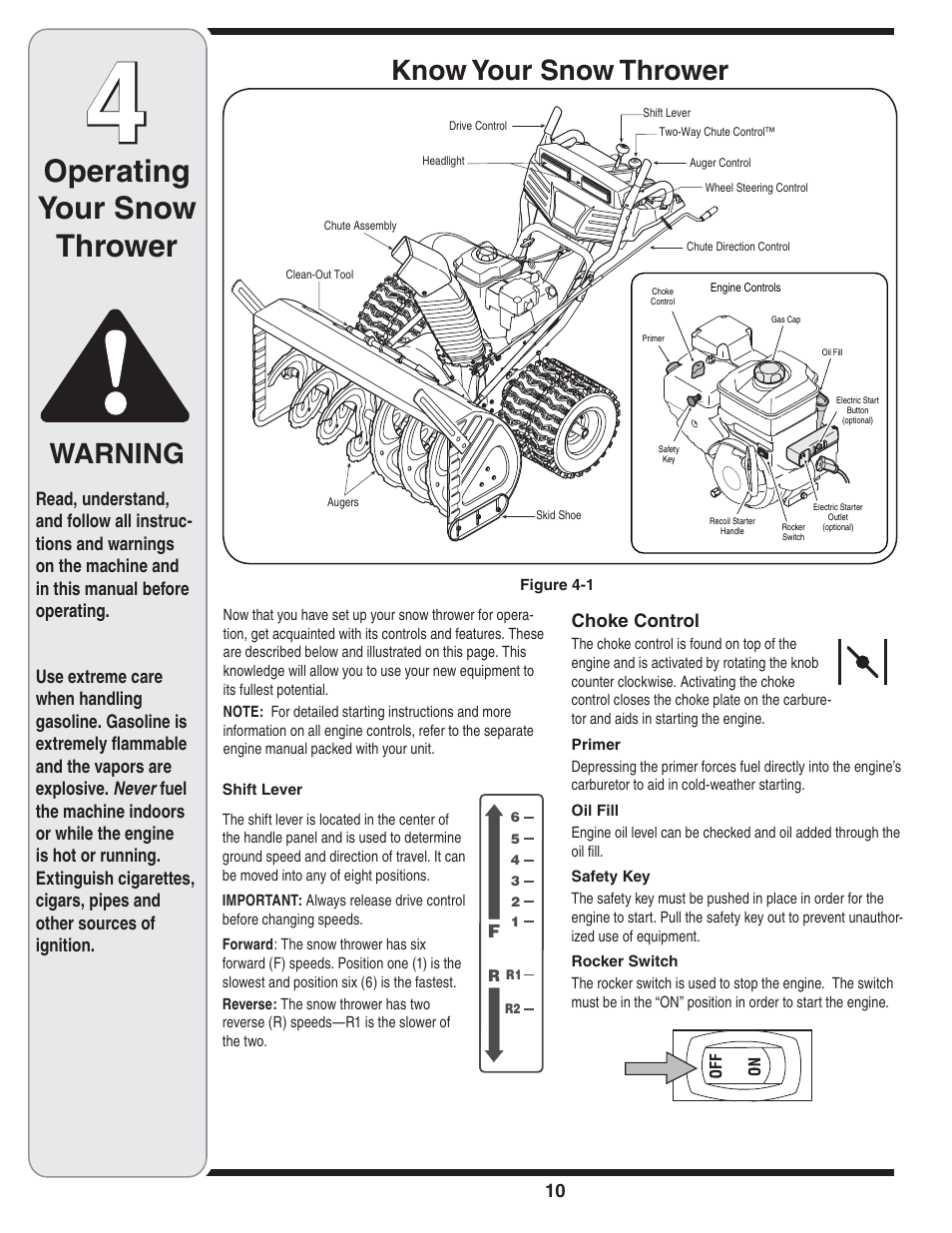 Operating your snow thrower, Know your snow thrower, Warning | Troy-Bilt 769-04090 User Manual | Page 10 / 56