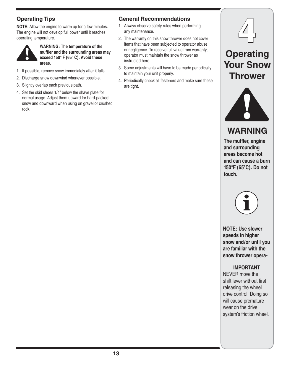 Operating your snow thrower, Warning | Troy-Bilt 769-04090 User Manual | Page 13 / 56