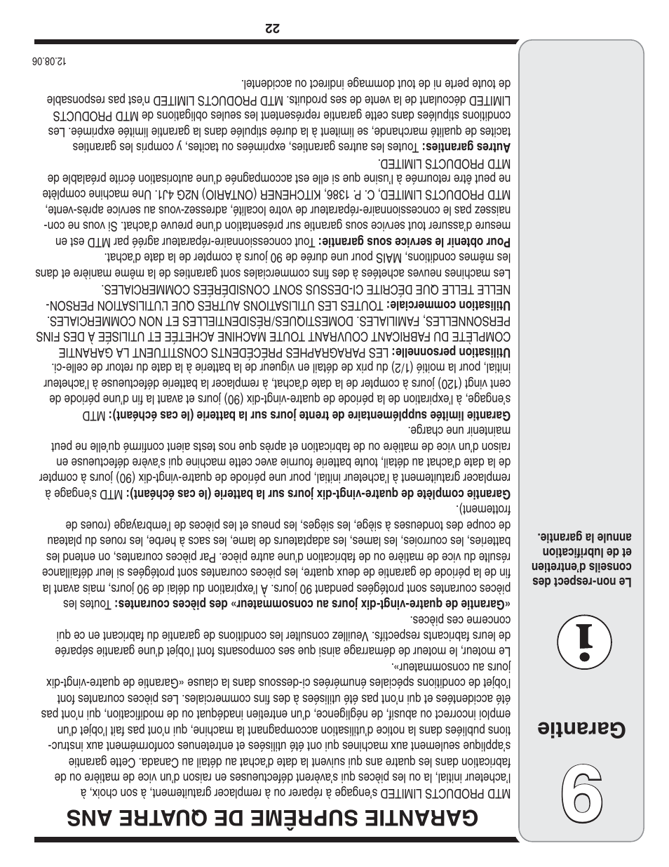 Garantie, Garantie suprême de qu atre ans | Troy-Bilt 769-04090 User Manual | Page 35 / 56