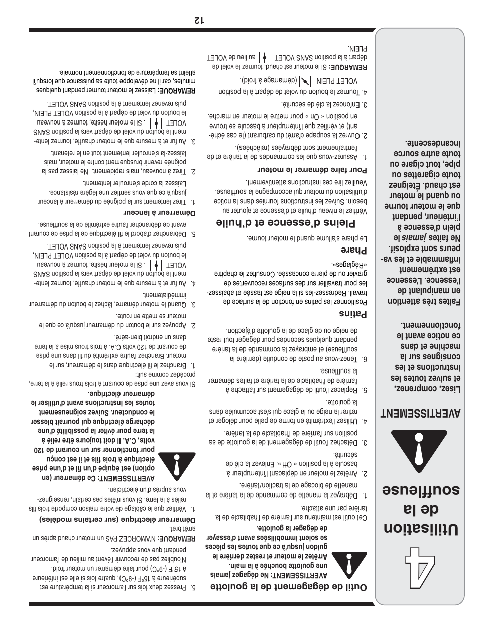 Utilisation de la souffleuse, Aver tissement, Pleins d’essence et d’huile | Troy-Bilt 769-04090 User Manual | Page 45 / 56