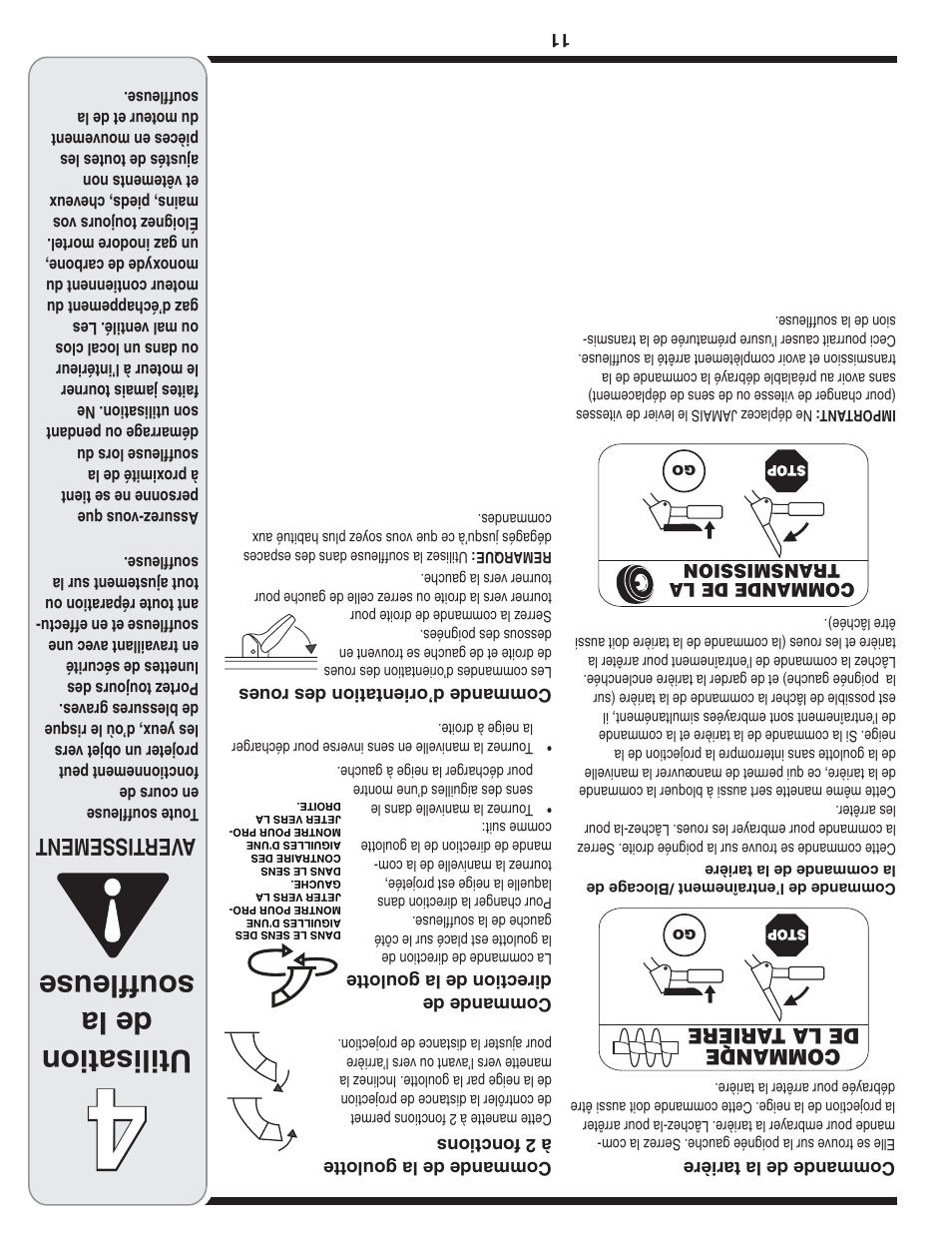 Utilisation de la souffleuse, Aver tissement | Troy-Bilt 769-04090 User Manual | Page 46 / 56