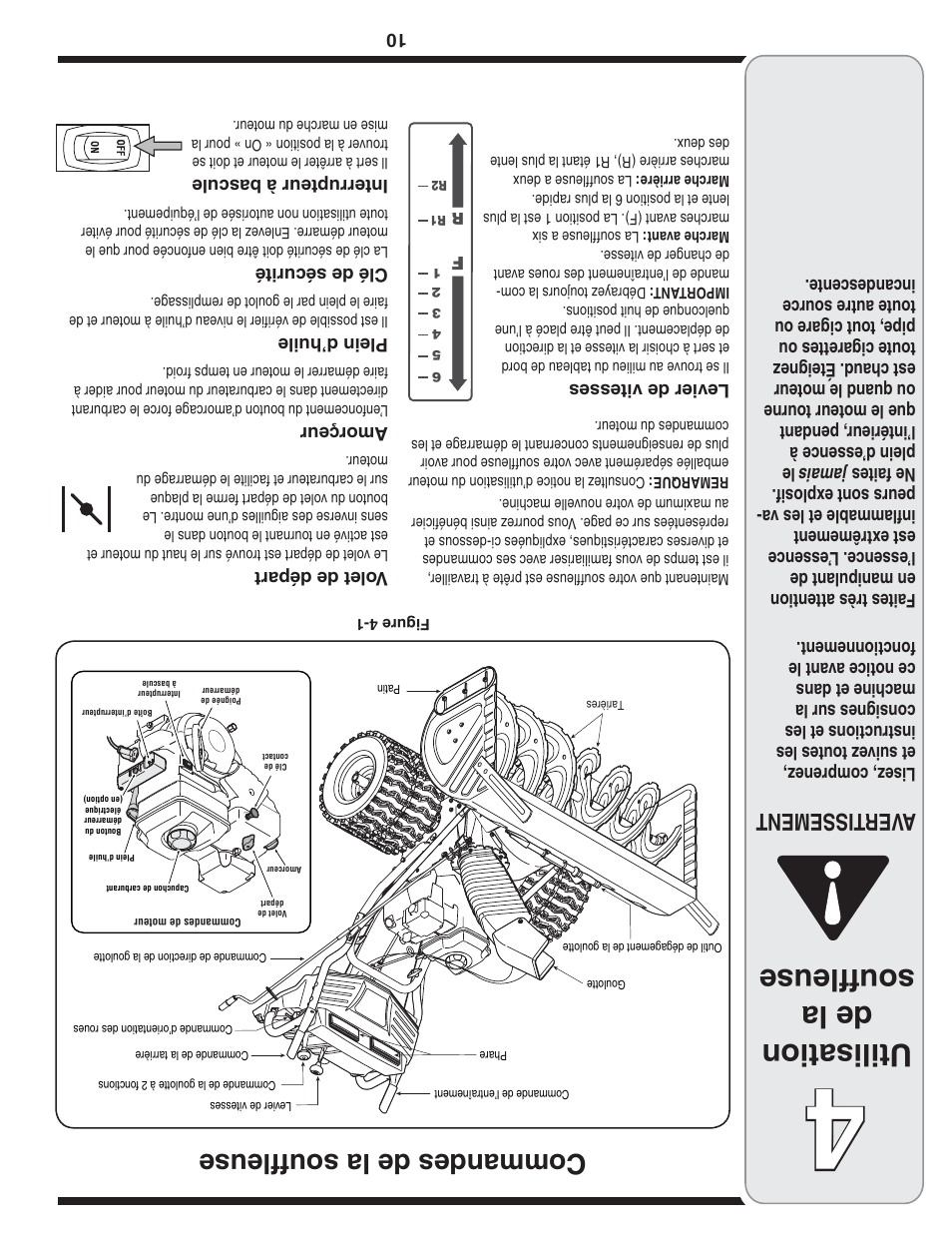 Utilisation de la souffleuse, Commandes de la souffleuse, Aver tissement | Troy-Bilt 769-04090 User Manual | Page 47 / 56