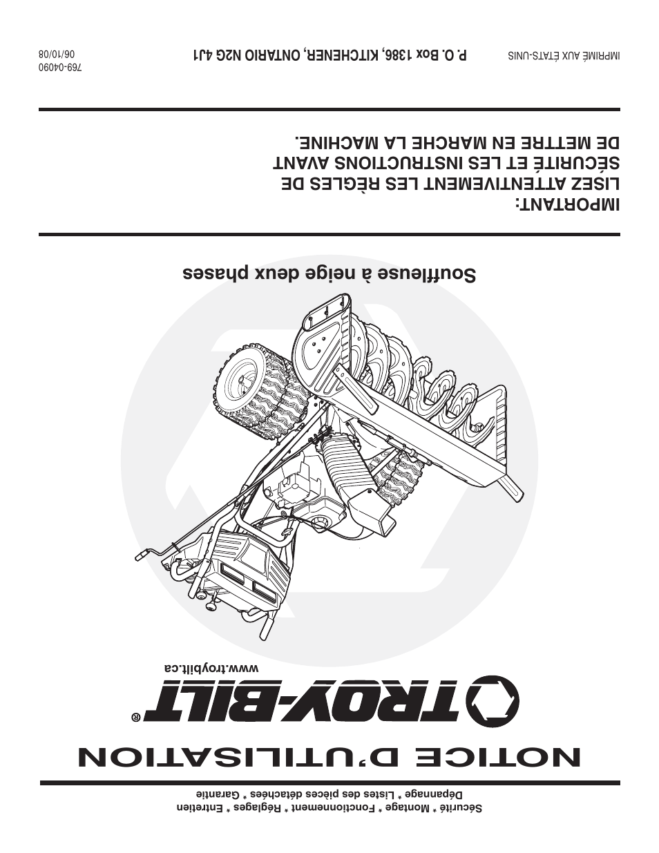 Notice d’utilisa tion, Souffleuse à neige deux phases | Troy-Bilt 769-04090 User Manual | Page 56 / 56