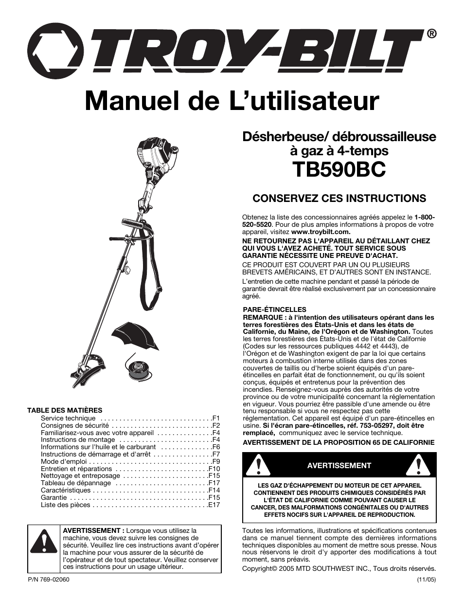 Manuel de l’utilisateur, Tb590bc, Désherbeuse/ débroussailleuse à gaz à 4-temps | Troy-Bilt TB590BC User Manual | Page 21 / 62