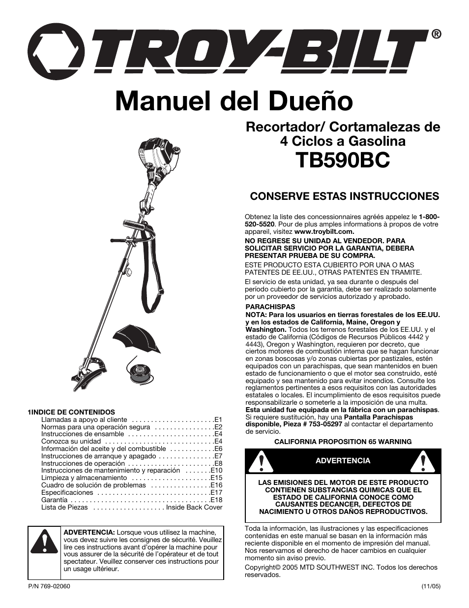 Manuel del dueño, Tb590bc, Recortador/ cortamalezas de 4 ciclos a gasolina | Troy-Bilt TB590BC User Manual | Page 41 / 62