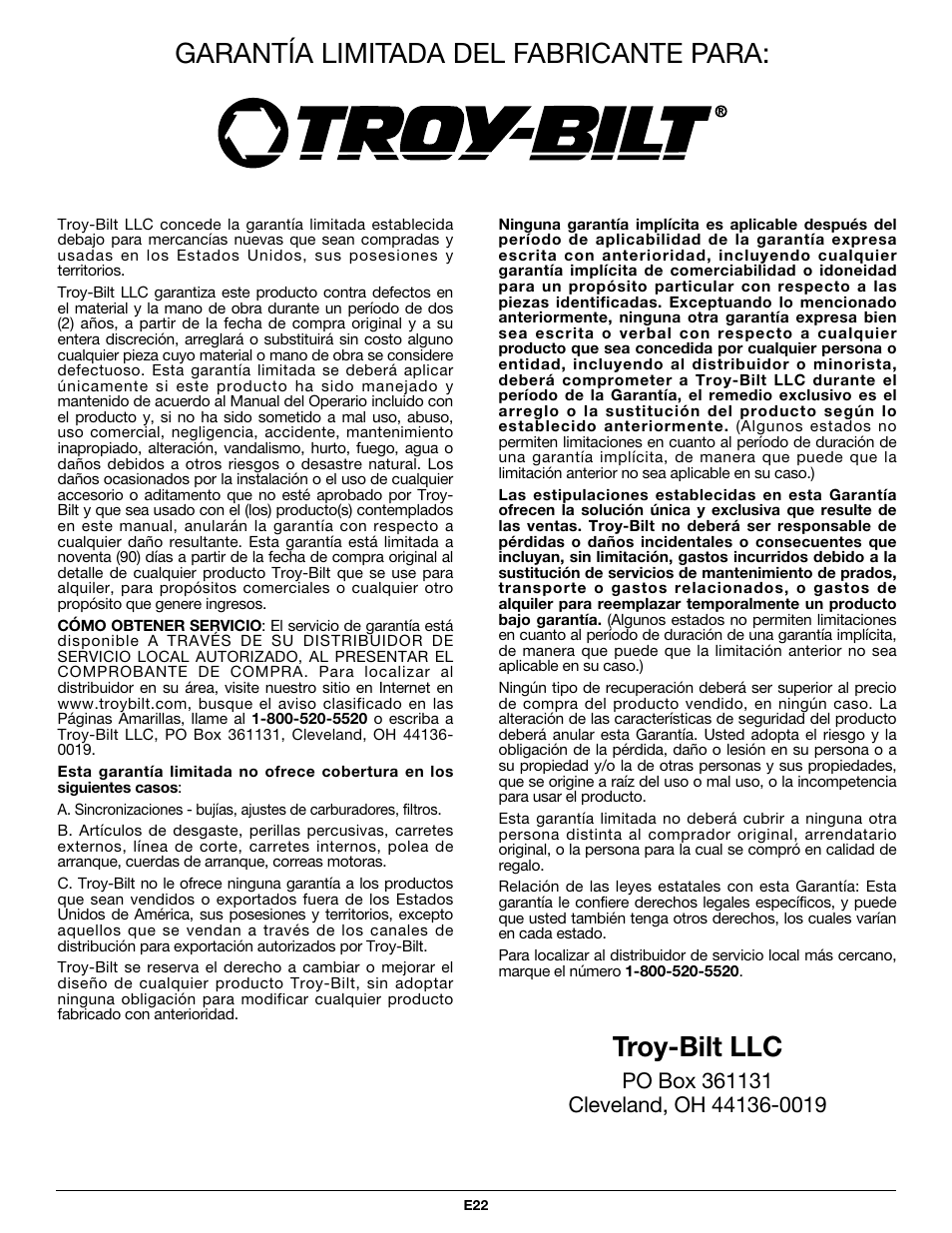 Garantía limitada del fabricante para, Troy-bilt llc | Troy-Bilt TB590BC User Manual | Page 62 / 62